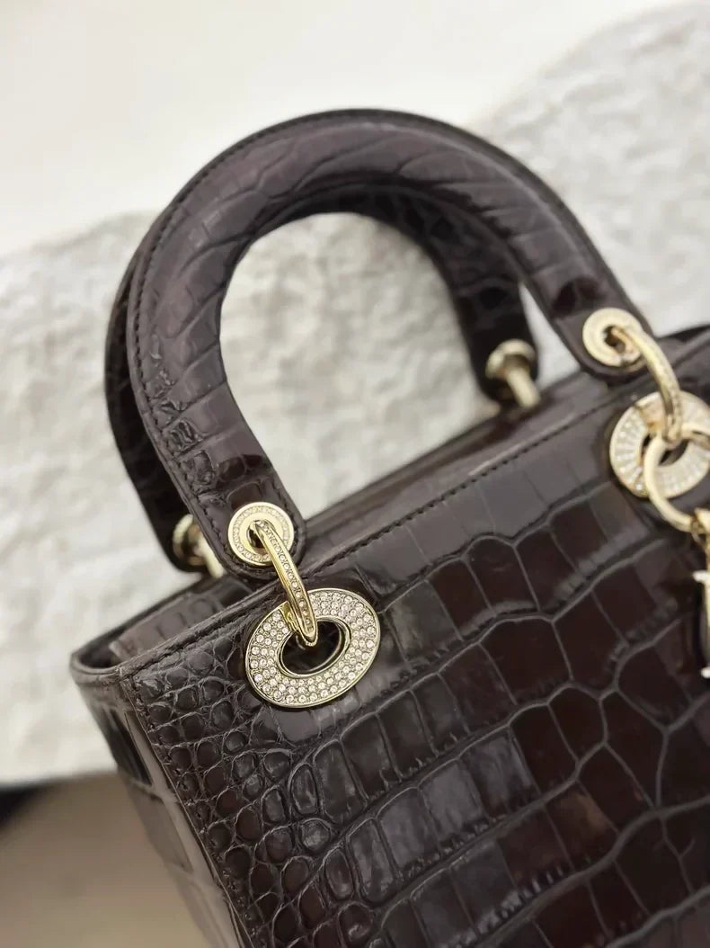 Lady Dior brown shiny alligator leather with diamond hardware
