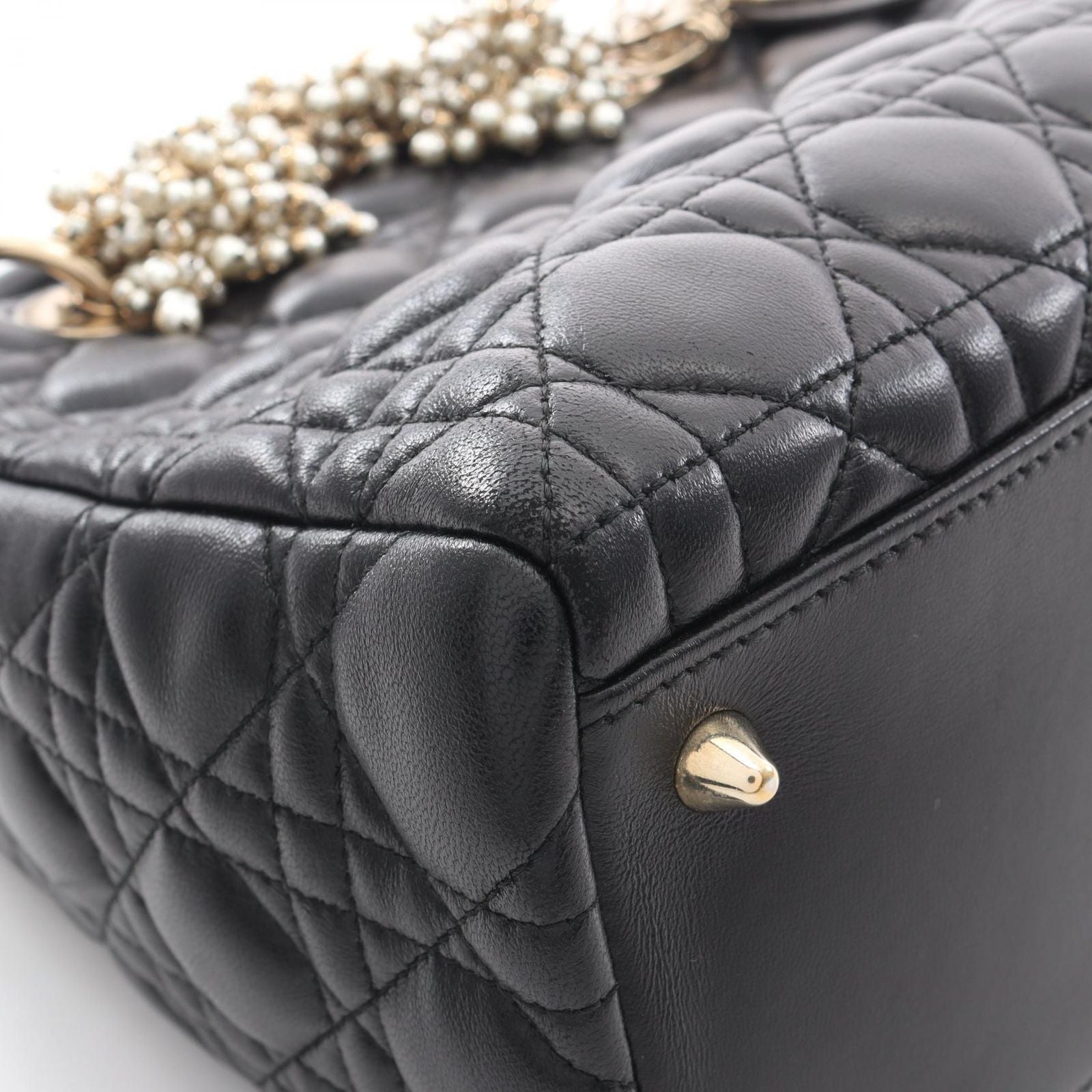 Dior Handbag Lady Dior Cannage Faux Pearl 2-Way Black Leather Tote