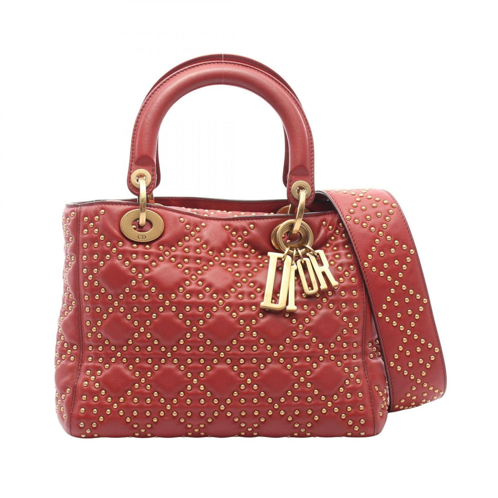 Dior Handbag Lady Dior 2-Way Red Leather Lady Dior Studs Tote