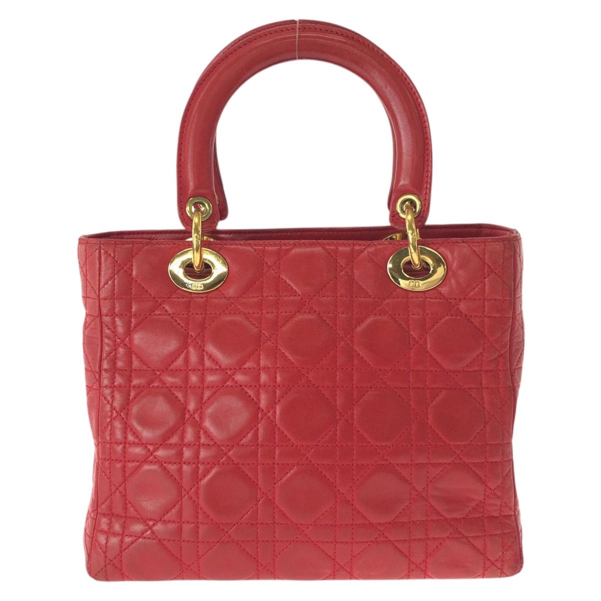 Dior Vintage Lady Cannage Red Gold Leather Handbag