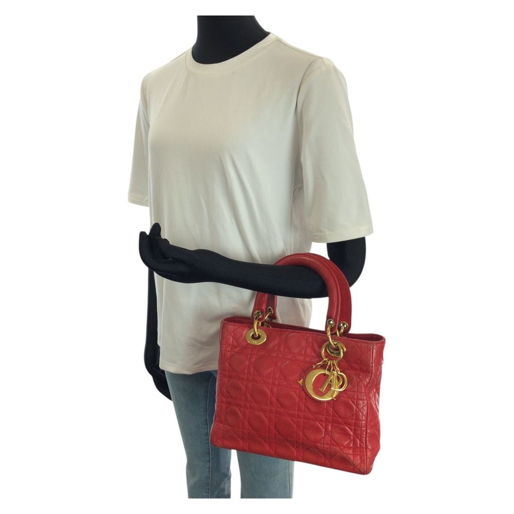 Dior Vintage Lady Cannage Red Gold Leather Handbag
