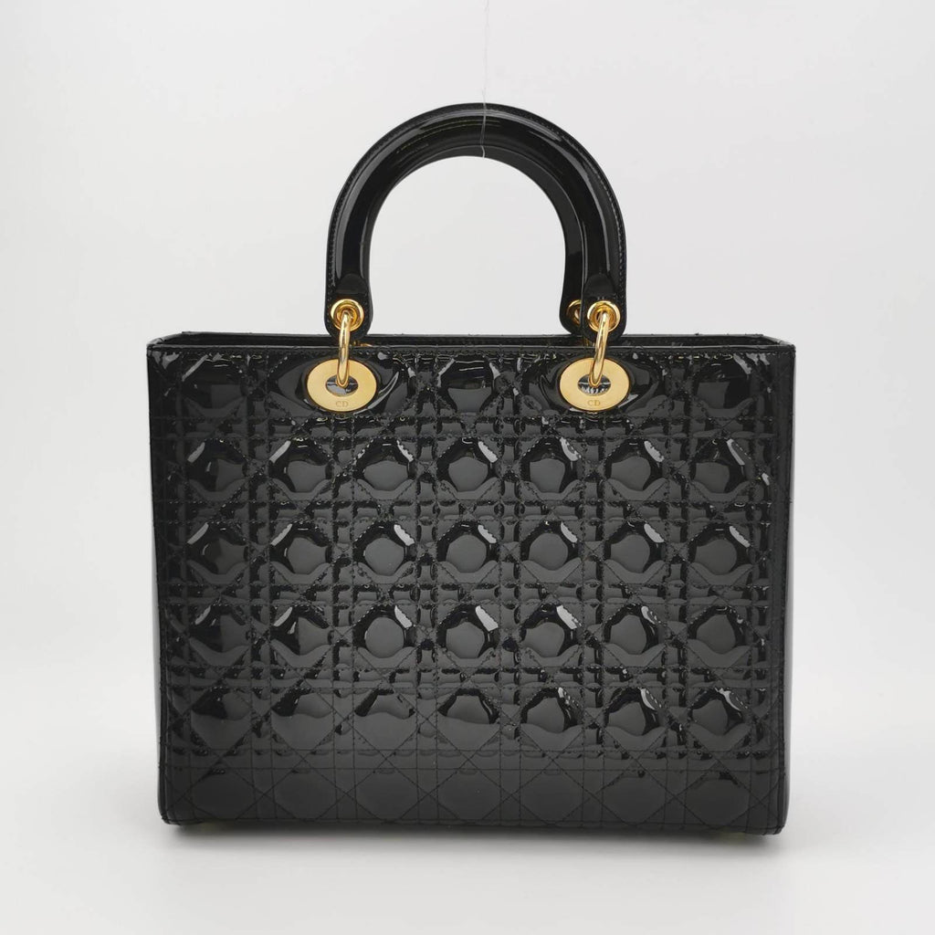 Lady Dior Large Black Patent Leather Handbag with Strap