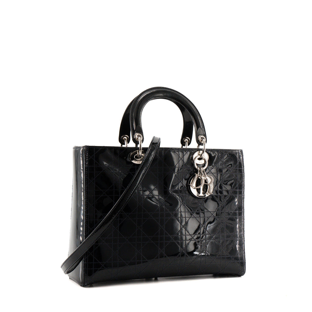 DIOR - Vintage black patent cannage leather Lady Dior Large handbag