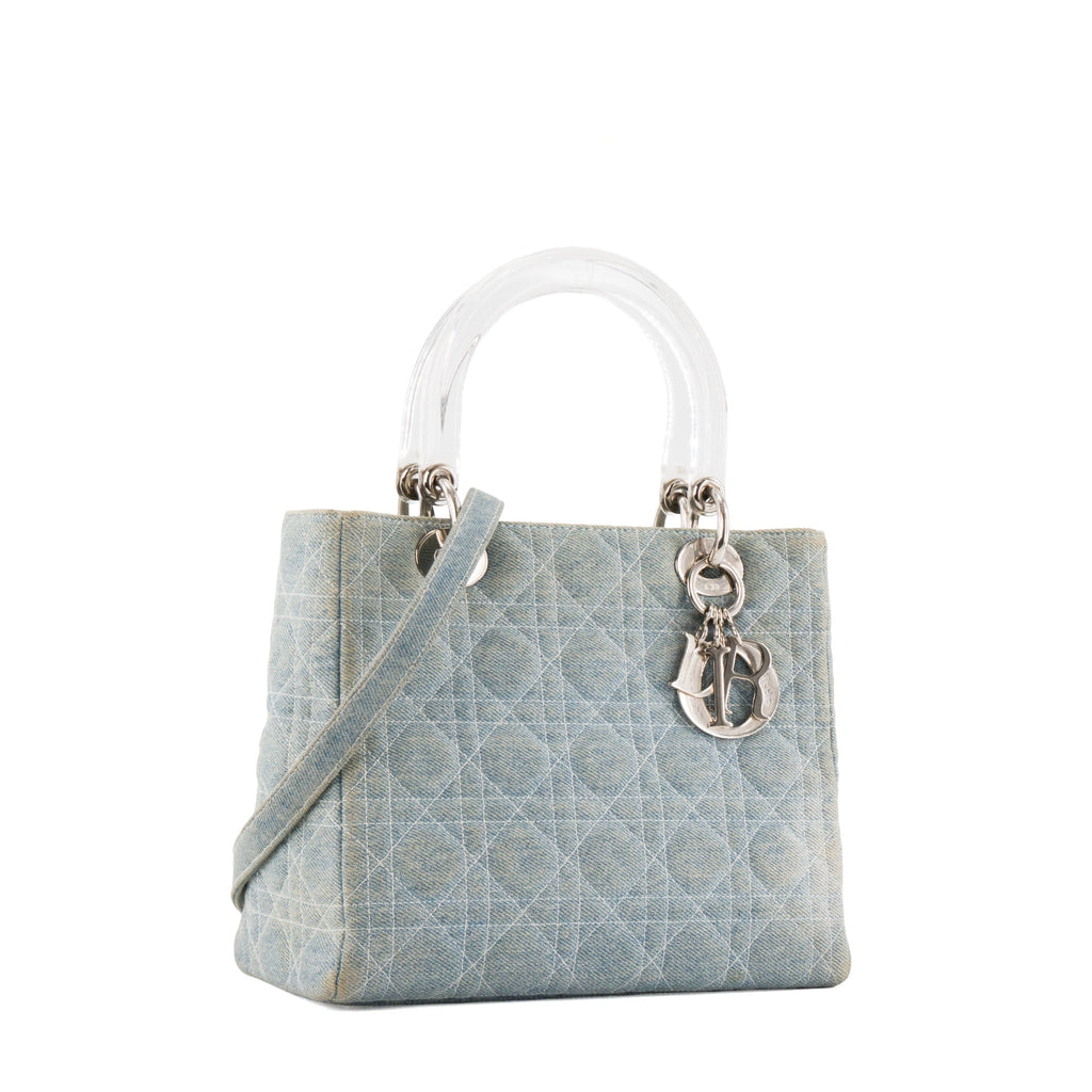 DIOR - Vintage Light Blue Cannage Denim Lady Dior Medium Handbag
