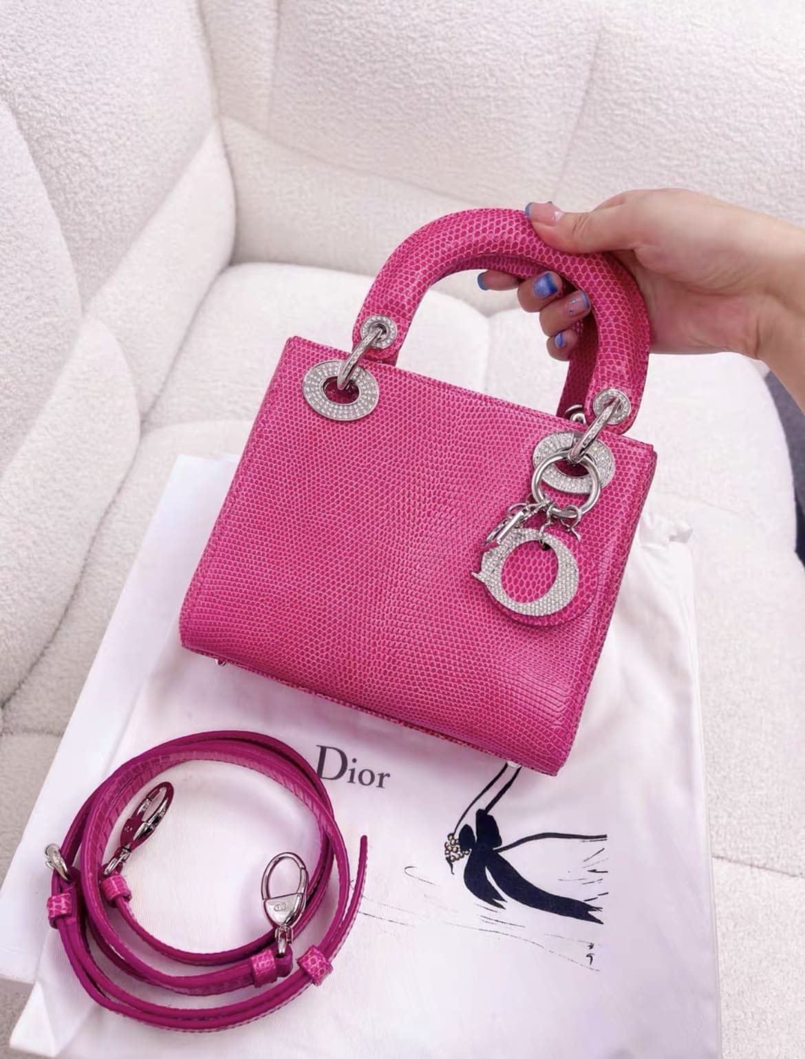 Christian Dior Lady Dior Bag Pink Lizard with Crystal Charms Mini