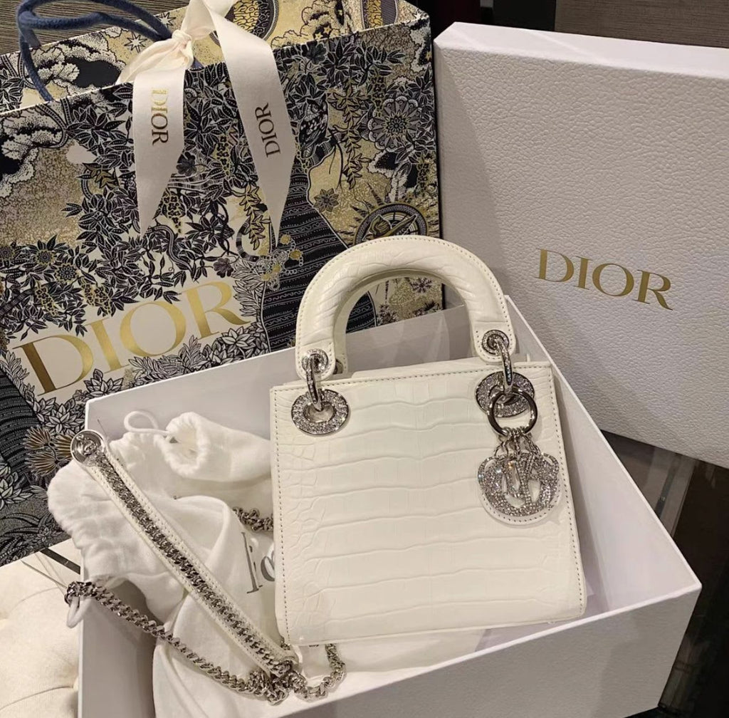 Lady Dior White alligator leather diamond hardware